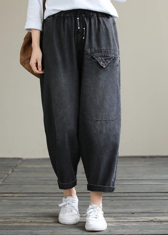 Organic Spring Casual Pants Denim Black Fabrics Cinched Pants