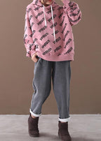 Organic pink alphabet prints cotton crane tops drawstring loose hooded shirt