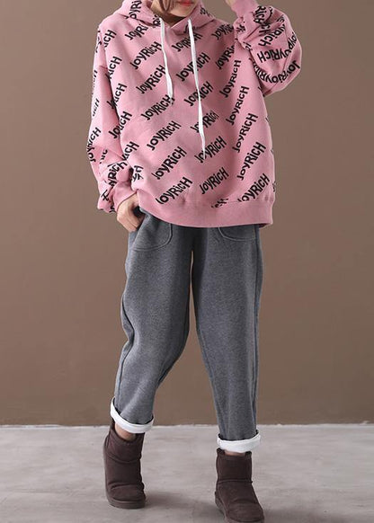 Organic pink alphabet prints cotton crane tops drawstring loose hooded shirt