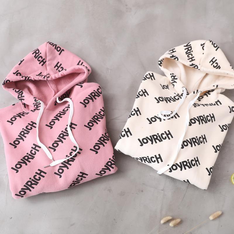 Organic pink alphabet prints cotton crane tops drawstring loose hooded shirt