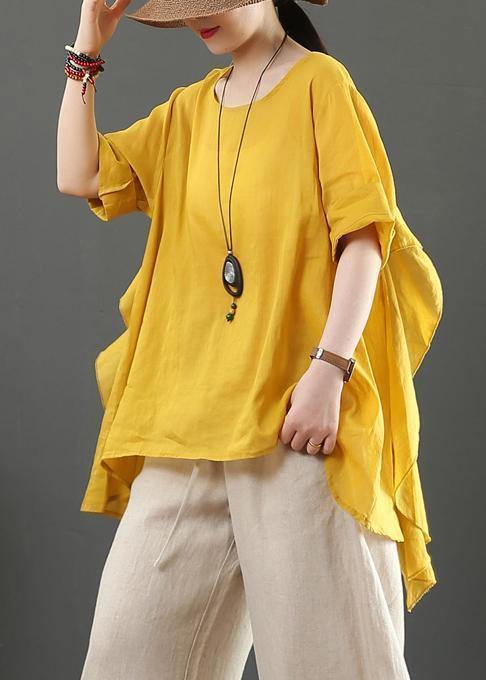 Organic pink linen clothes For Women o neck half sleeve silhouette shirt