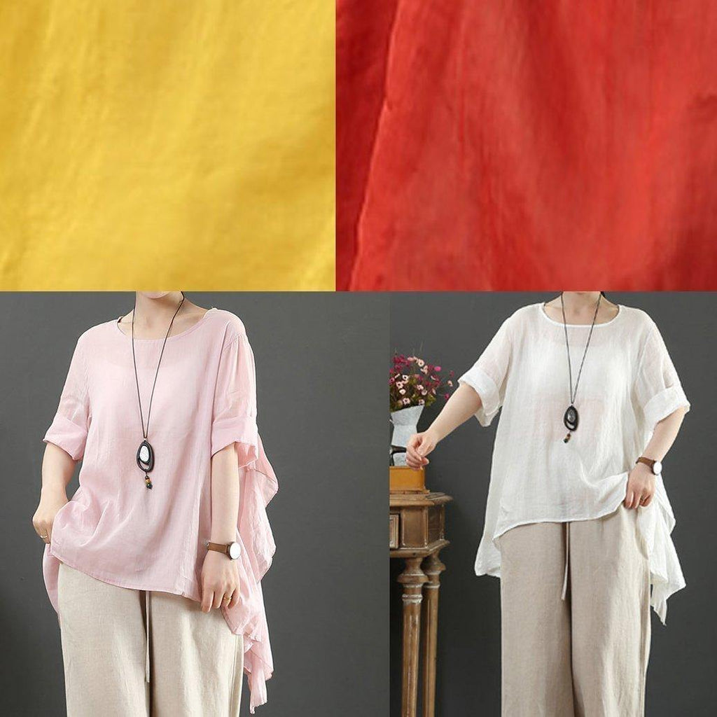 Organic pink linen clothes For Women o neck half sleeve silhouette shirt