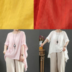 Organic pink linen clothes For Women o neck half sleeve silhouette shirt