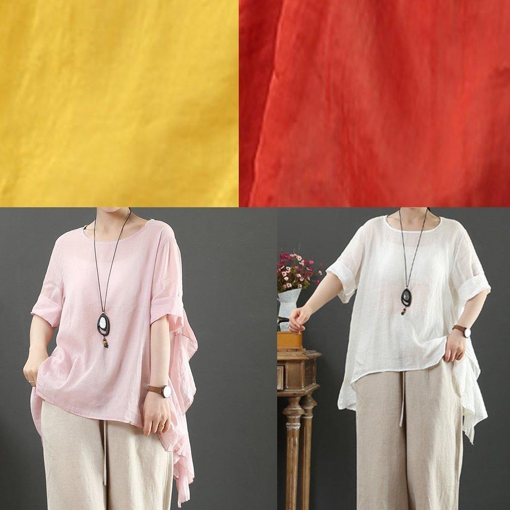 Organic pink linen clothes For Women o neck half sleeve silhouette shirt