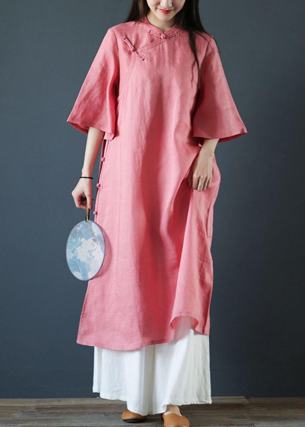 Organic pink linen dresses stand collar Chinese Button Plus Size Dress