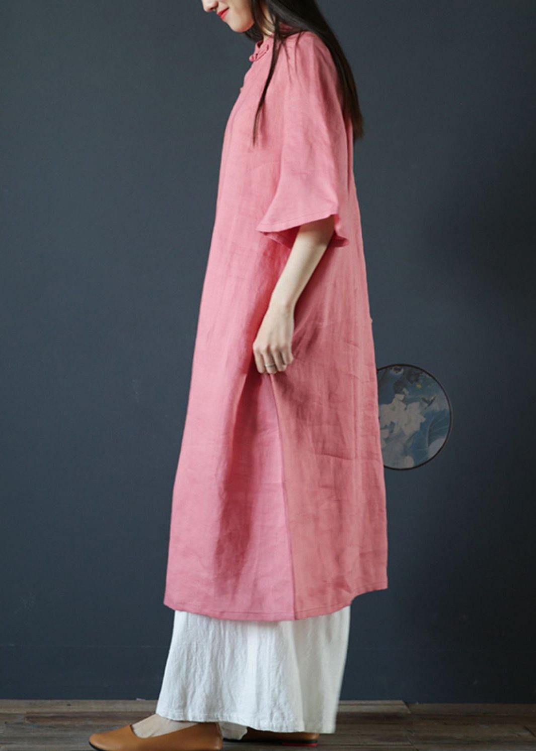 Organic pink linen dresses stand collar Chinese Button Plus Size Dress