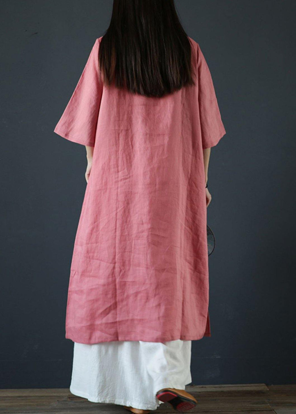 Organic pink linen dresses stand collar Chinese Button Plus Size Dress