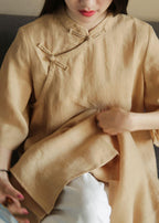 Organic pink linen dresses stand collar Chinese Button Plus Size Dress