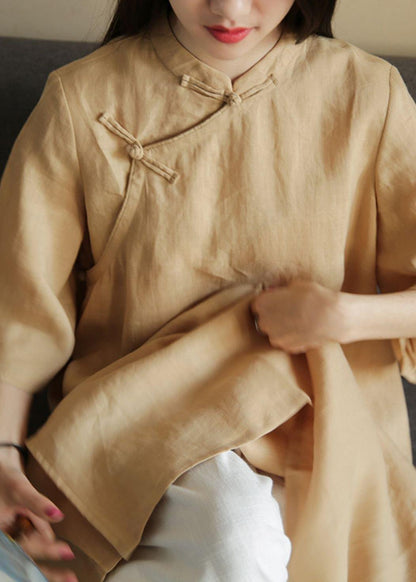 Organic pink linen dresses stand collar Chinese Button Plus Size Dress