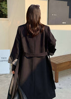 Original Design Black Tie Waist Patchwork Spandex Fake Two Piece Trench Fall