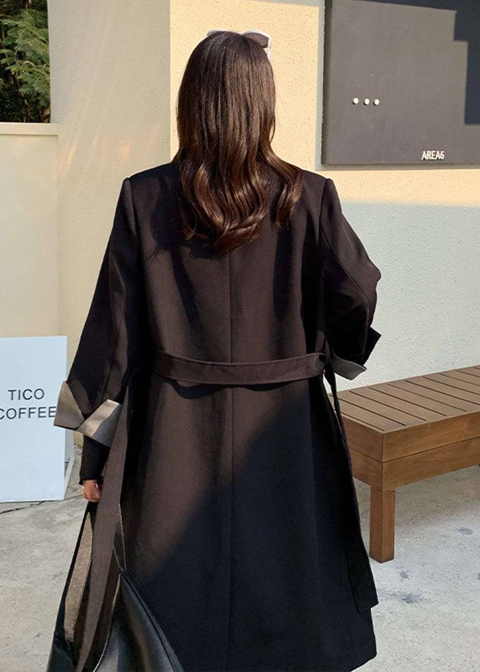 Original Design Black Tie Waist Patchwork Spandex Fake Two Piece Trench Fall