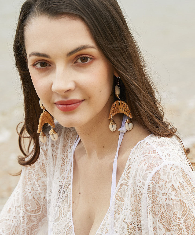 Oversize Coffee Copper Shell Knit Fabric Drop Earrings