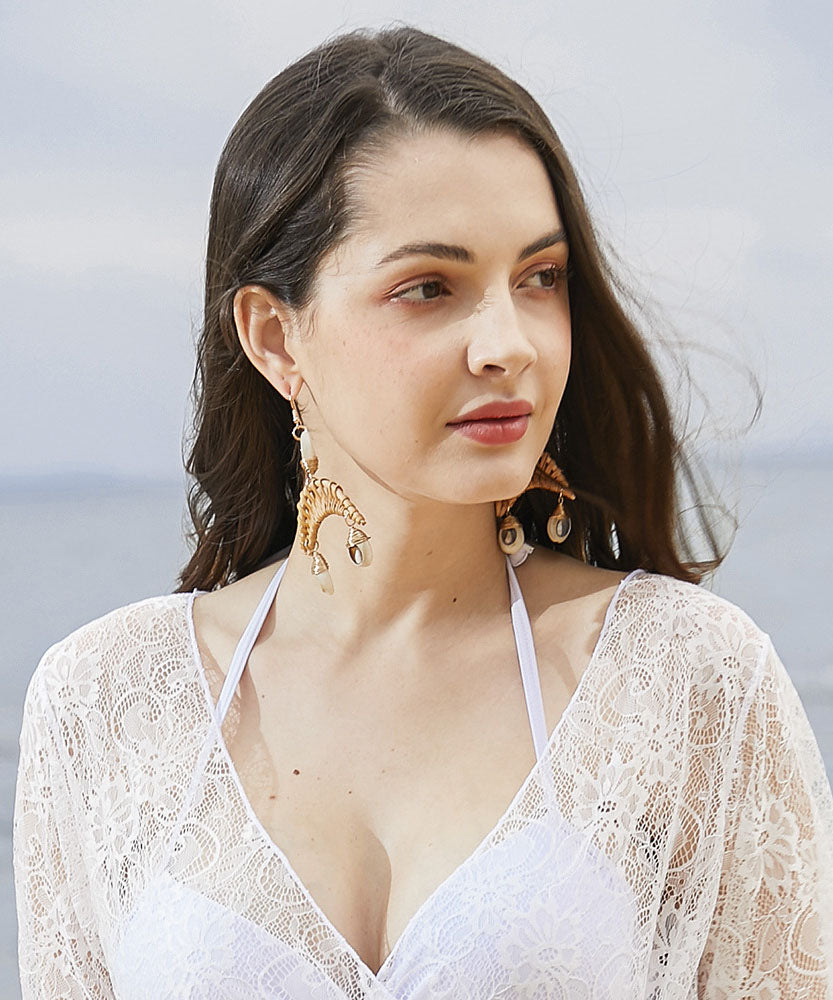 Oversize Coffee Copper Shell Knit Fabric Drop Earrings