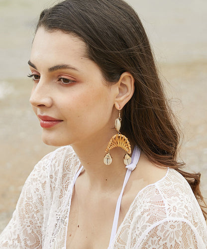 Oversize Coffee Copper Shell Knit Fabric Drop Earrings