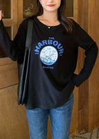 Oversized Black O Neck Print Cotton T Shirts Top Fall