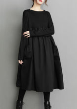 Load image into Gallery viewer, Oversized Black O Neck Wrinkled Pockets Patchwork Cotton Dress Spring