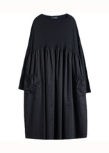 Load image into Gallery viewer, Oversized Black O Neck Wrinkled Pockets Patchwork Cotton Dress Spring