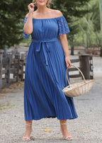 Oversized Blue Slash Neck Tie Waist Wrinkled Patchwork Chiffon Dress Summer