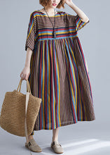 Load image into Gallery viewer, Oversized Coffee Striped O Neck Wrinkled Patchwork Cotton Dresses Summer