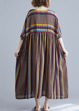 Load image into Gallery viewer, Oversized Coffee Striped O Neck Wrinkled Patchwork Cotton Dresses Summer