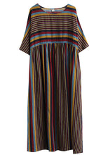 Load image into Gallery viewer, Oversized Coffee Striped O Neck Wrinkled Patchwork Cotton Dresses Summer