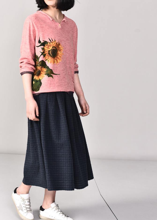 Oversized pink prints knitted t shirt fall fashion long sleeve knitwear v neck