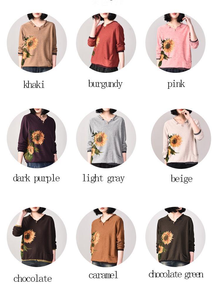 Oversized pink prints knitted t shirt fall fashion long sleeve knitwear v neck