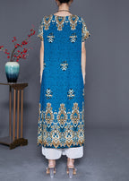 Peacock Blue Print Cotton Party Dress Oversized Summer