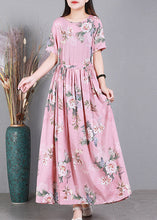 Load image into Gallery viewer, Pink O-Neck Print Drawstring Linen Dresses Short Sleeve