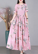 Load image into Gallery viewer, Pink O-Neck Print Drawstring Linen Dresses Short Sleeve