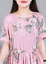 Load image into Gallery viewer, Pink O-Neck Print Drawstring Linen Dresses Short Sleeve