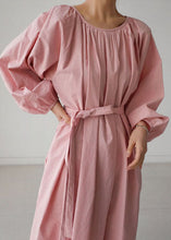 Load image into Gallery viewer, Pink O-Neck wrinkled Cotton Holiday Dress Spring