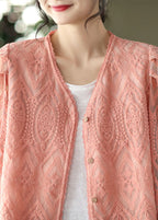 Pink Patchwork Lace Cardigans V Neck Flare Sleeve