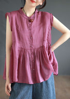 Pink Patchwork Linen Top Stand Collar Wrinkled Button Summer