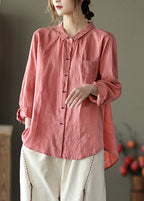 Pink Peter Pan Collar Button Linen Shirts Long Sleeve