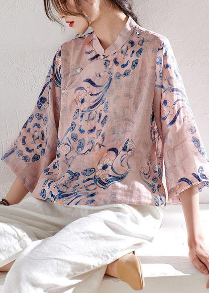 Pink Stand Collar Print Button Summer Ramie Top