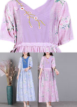 Load image into Gallery viewer, Pink V Neck  Embroideried Drawstring Tie Waist Silk Vacation Dresses Short Sleeve