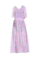 Load image into Gallery viewer, Pink V Neck  Embroideried Drawstring Tie Waist Silk Vacation Dresses Short Sleeve