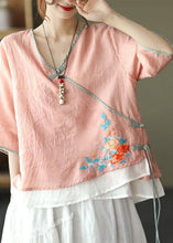 Load image into Gallery viewer, Pink V Neck Embroideried Summer Ramie Half Sleeve Tops
