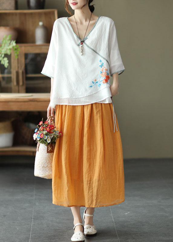 Pink V Neck Embroideried Summer Ramie Half Sleeve Tops