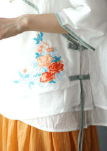 Load image into Gallery viewer, Pink V Neck Embroideried Summer Ramie Half Sleeve Tops