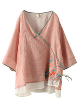 Load image into Gallery viewer, Pink V Neck Embroideried Summer Ramie Half Sleeve Tops