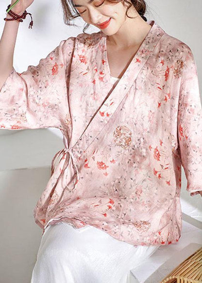 Pink V Necktie Waist Print Summer Ramie Blouses