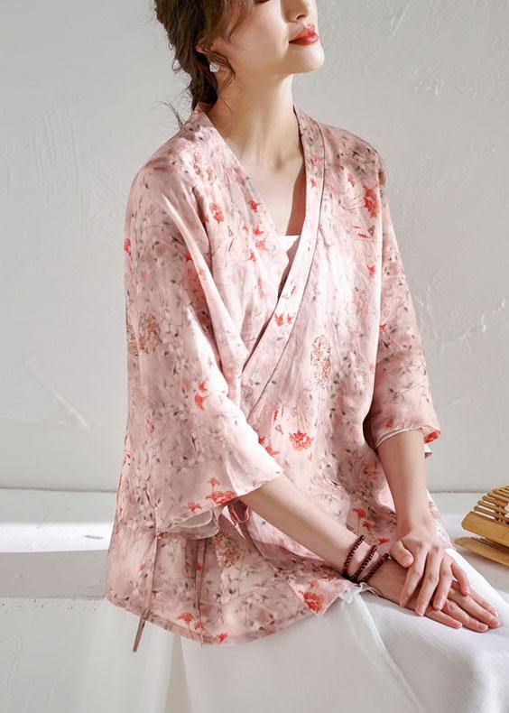 Pink V Necktie Waist Print Summer Ramie Blouses