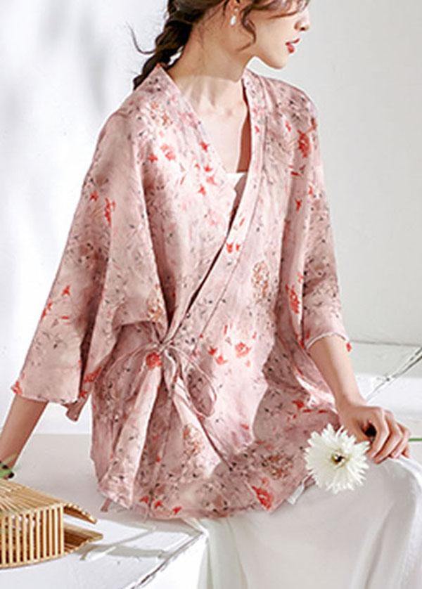 Pink V Necktie Waist Print Summer Ramie Blouses