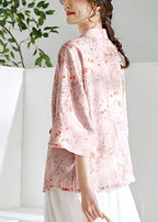 Pink V Necktie Waist Print Summer Ramie Blouses