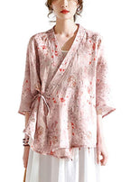 Pink V Necktie Waist Print Summer Ramie Blouses
