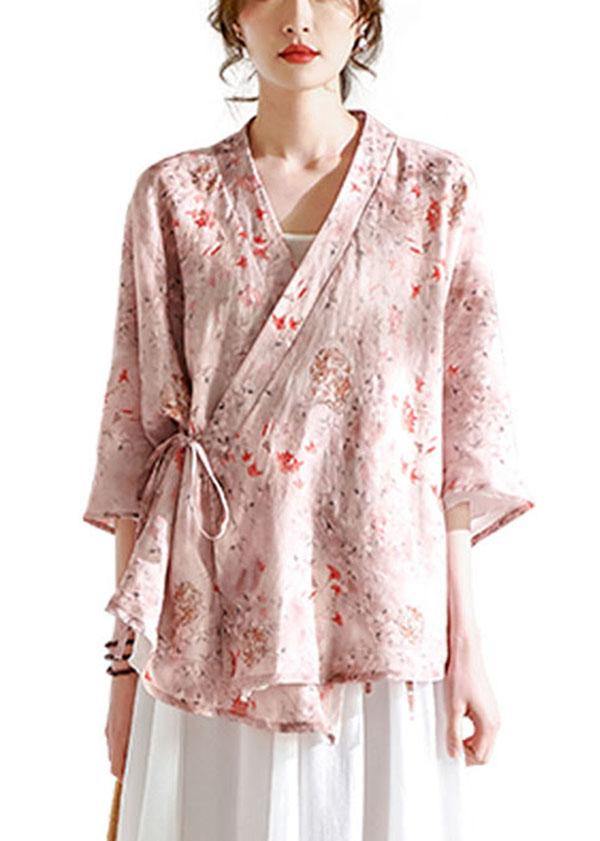 Pink V Necktie Waist Print Summer Ramie Blouses