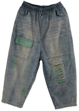 Load image into Gallery viewer, Plus Size  Blue Elastic Waist Hole Denim  Pants Summer