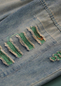 Plus Size  Blue Elastic Waist Hole Denim  Pants Summer